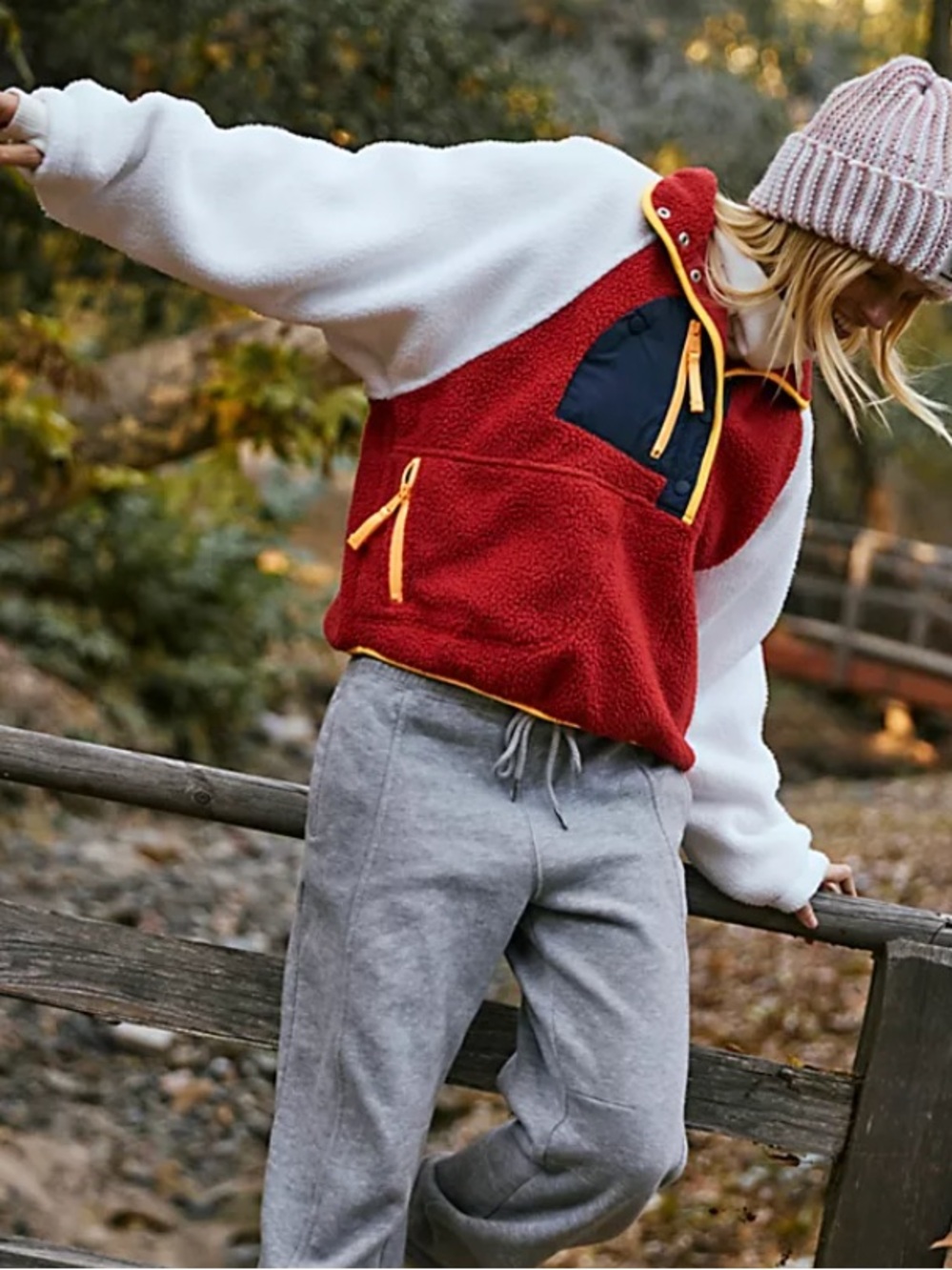 Free People Hit The Slopes Colorblock Fleece Pullover Red Sport Combo